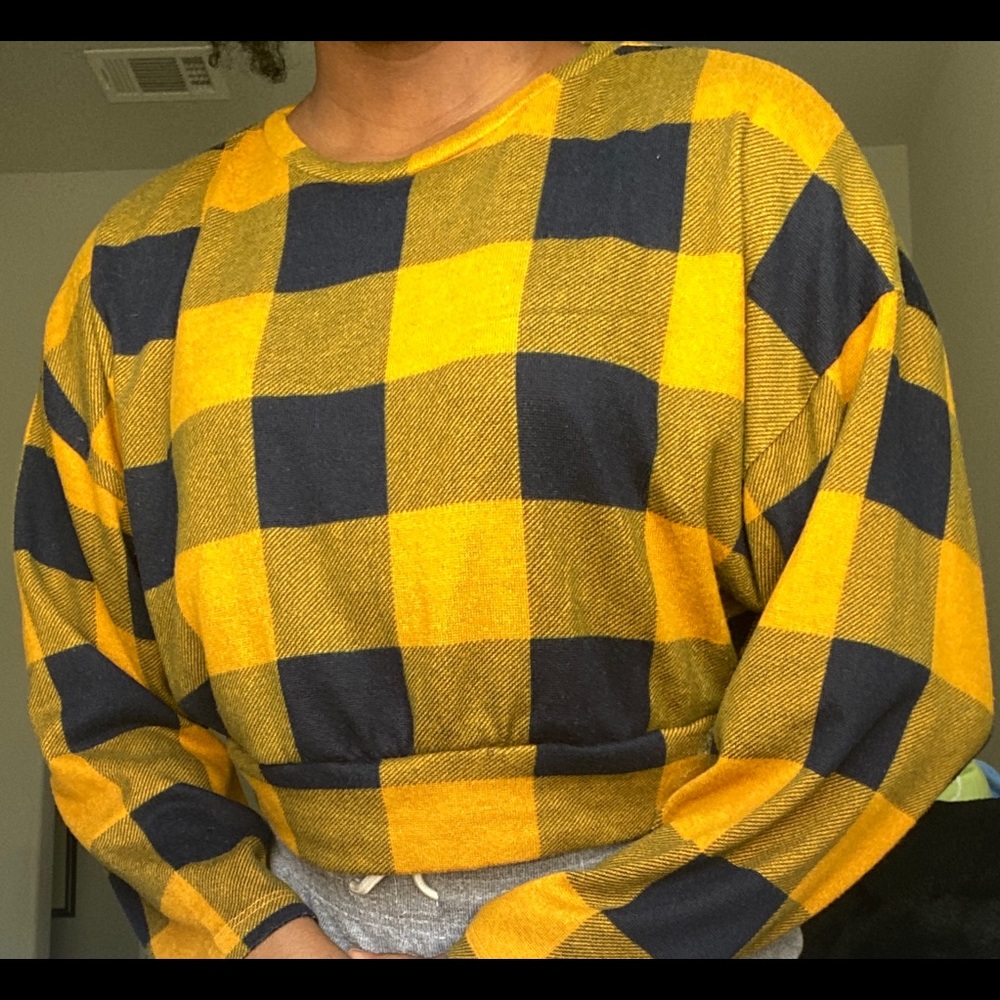 Gold and navy blue plaid sweatshirt